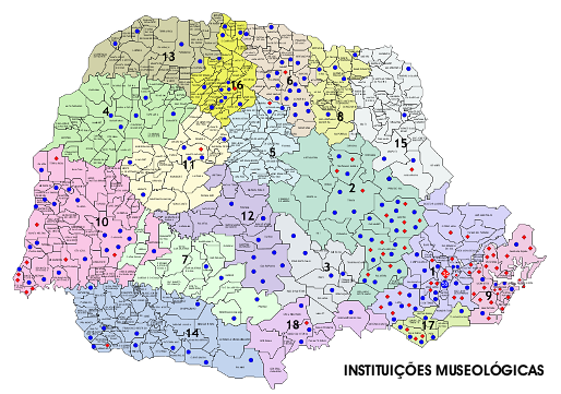 Mapa do Paraná com as regionais, museus e espaços museais