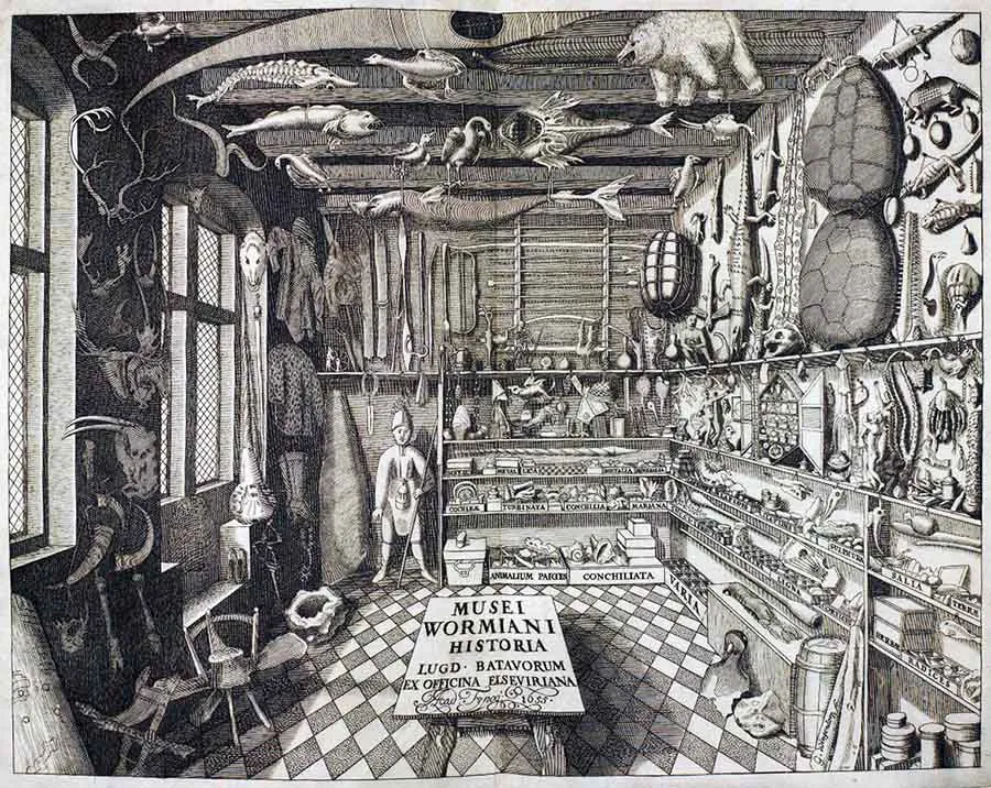 Frontispício do livro Musei Wormiani Historia mostrando o quarto das maravilhas de Worm