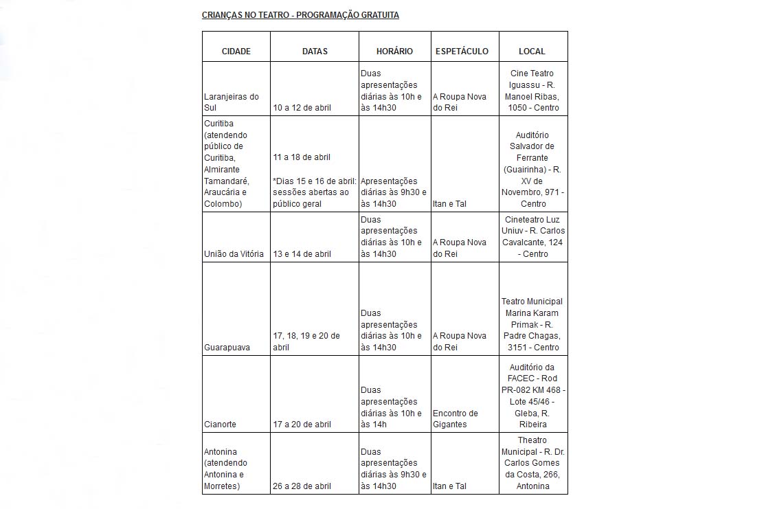 Crianças no Teatro - Programação