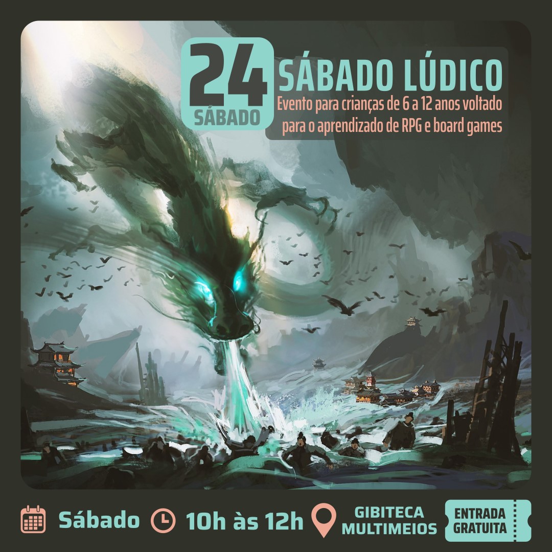 Biblioteca Pública do Paraná (BPP) - Sábado Lúdico - Encontro para ensino de RPG e jogos de tabuleiro para iniciantes de 6 a 12 anos. Os encontros acontecem dois sábados por mês no Aquário do Multimeios, em frente à Gibiteca, das 10h às 12h.