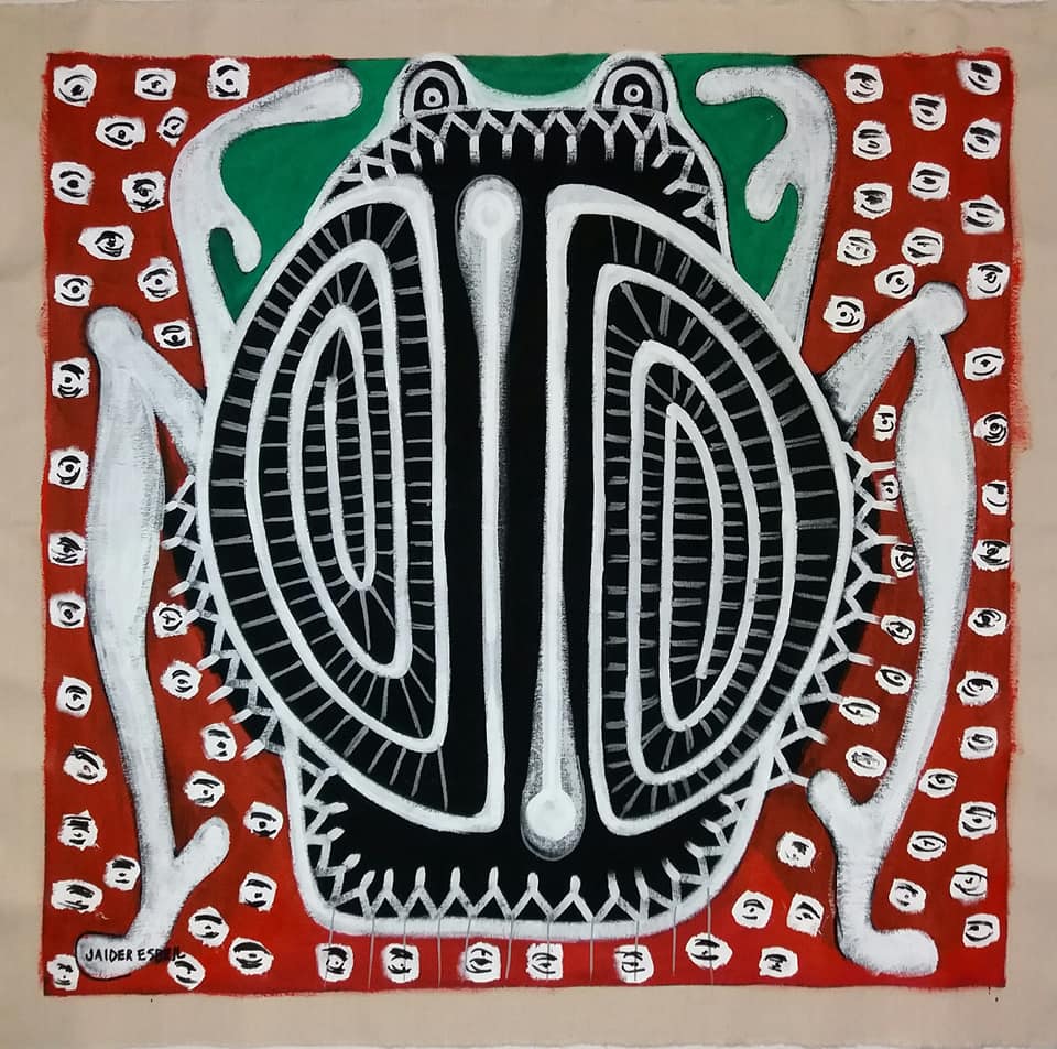 O parto de Makunaima, 2018. Jaider Esbell. Acrílica e marcador à base de água sobre tela. 90 x 90 cm.