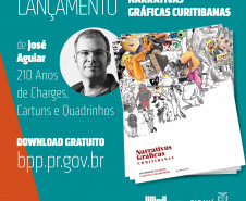 Card do lançamento do livro Narrativas Gráficas Curitibanas: 210 Anos de Charges, Cartuns e Quadrinhos