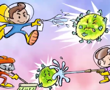 Crianças em roupas de super-herói atacam vírus