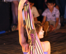 Artistas fazem performance em um picadeiro de circo