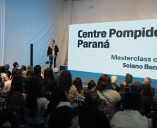 Masterclass com arquiteto Solano Benítez nesta sexta-feira (05) sobre o projeto arquitetônico do Centre Pompidou Paraná, em Foz do Iguaçu. Foto: Geraldo Bubniak/AEN