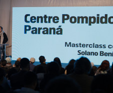 Masterclass com arquiteto Solano Benítez nesta sexta-feira (05) sobre o projeto arquitetônico do Centre Pompidou Paraná, em Foz do Iguaçu. Foto: Geraldo Bubniak/AEN