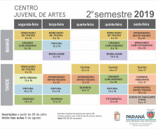 Grade horária dos cursos do CJAP para o segundo semestre de 2019.