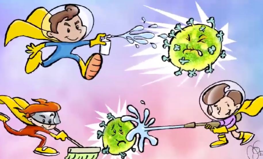 Crianças em roupas de super-herói atacam vírus