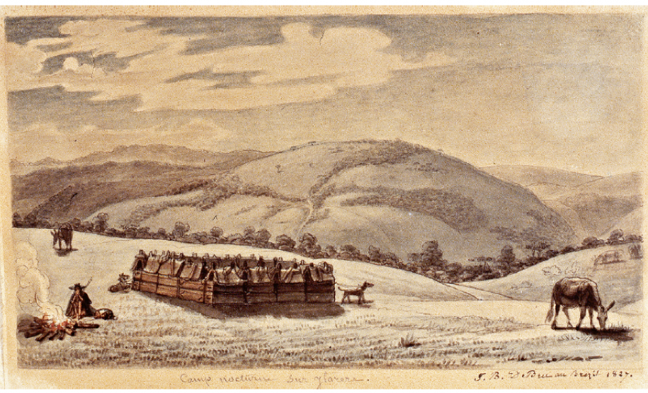 Hamp Nocturne sur Ytarere (Campo noturno de Itararé); J.B. Debret au Brèsil, 1827. Aquarela, 12,2 cm × 22 cm. MEA 0099. Museus Castro Maya.