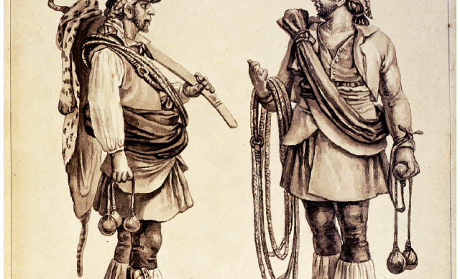 Charrua civilizado, peões. J.B. Debret, 1828. Aquarela monocroma (sépia), 27 cm × 20,5 cm. MEA 0433. Museus Castro Maya.