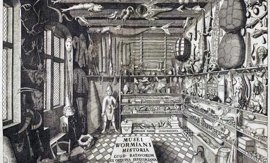 Frontispício do livro Musei Wormiani Historia mostrando o quarto das maravilhas de Worm