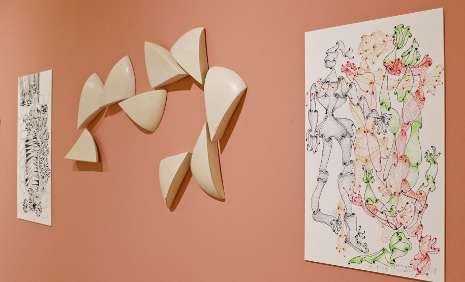 A mostra inclui painéis, esculturas, objetos e instalações, frutos da criatividade e inovação da artista -