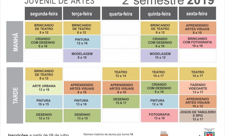 Grade horária dos cursos do CJAP para o segundo semestre de 2019.